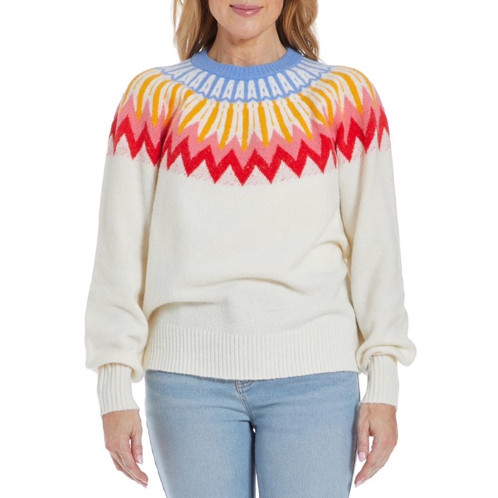 🌻 French Connection Essentials Ivory Fair Isle Oversized Sweater Size XXL